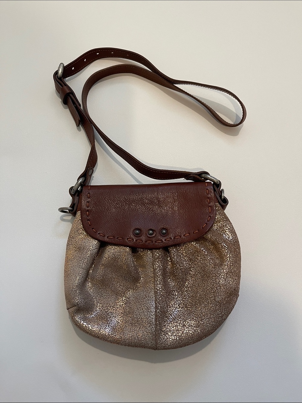 Vin Baker Metallic Taupe Crossbody with Brown Leather Trim Made in USA